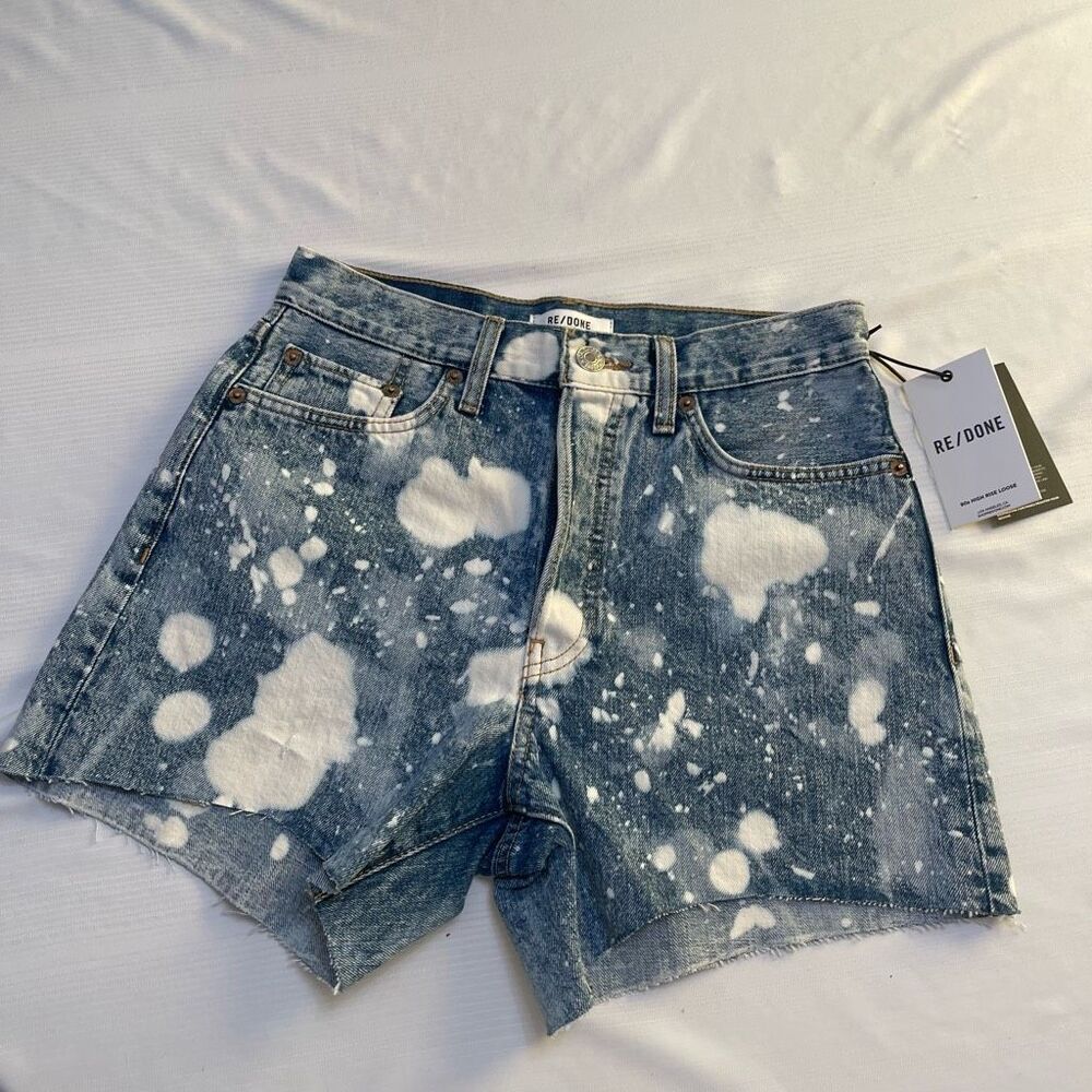 Re/Done Blue Denim Jean Shorts with White Bleach Spots